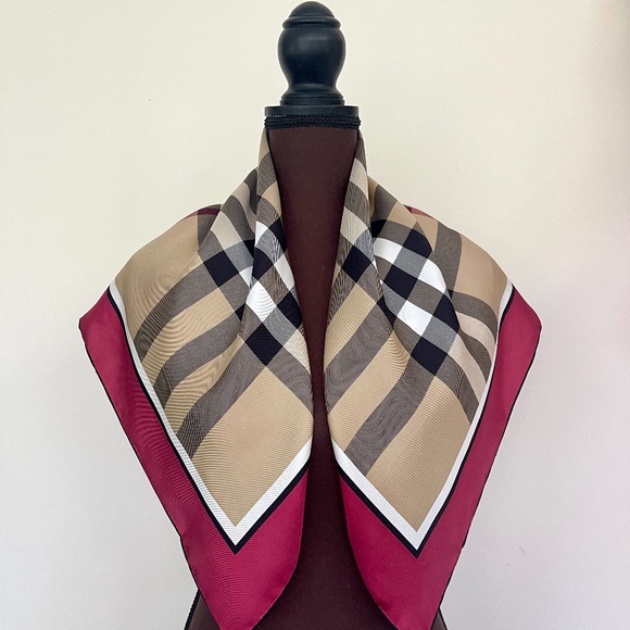 Unisex Burberry Scarf Beige Check Burgundy Red Border Silk Wrap - Picture 1 of 13